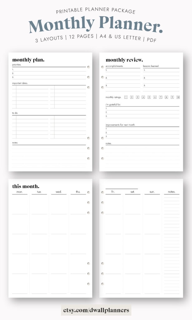 Monthly Planner A4 US Letter Printable Planner Inserts Simple And 