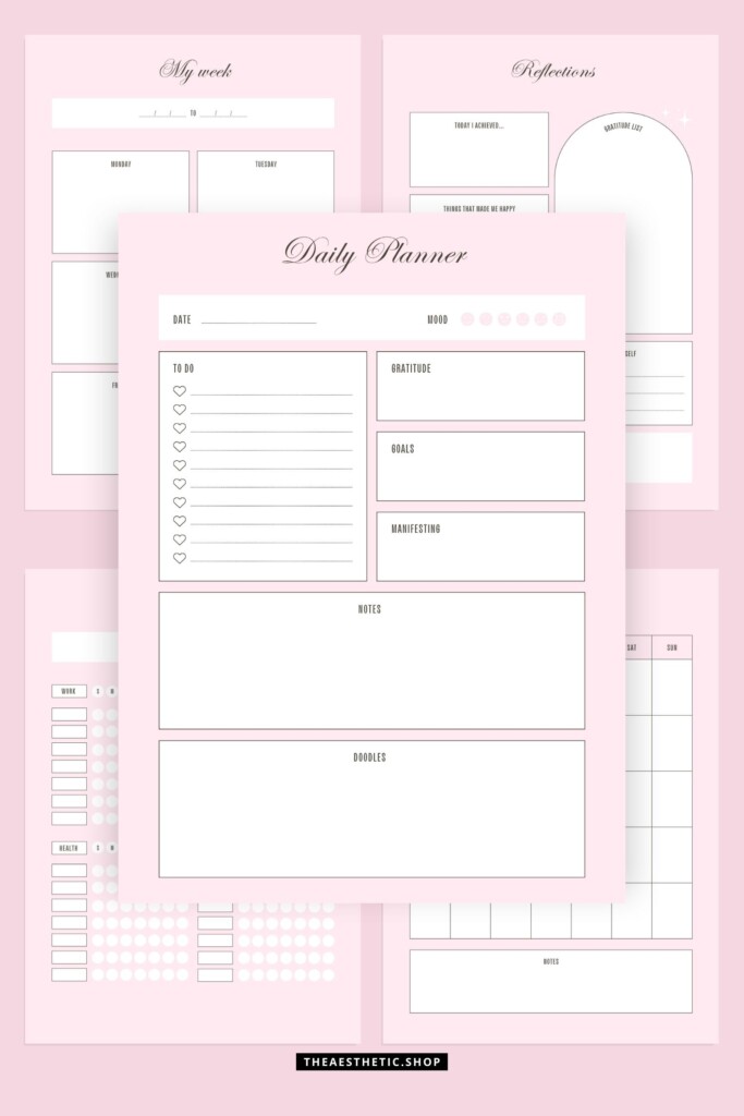 Pink Aesthetic Printable Planner Daily Weekly Monthly Reflections 