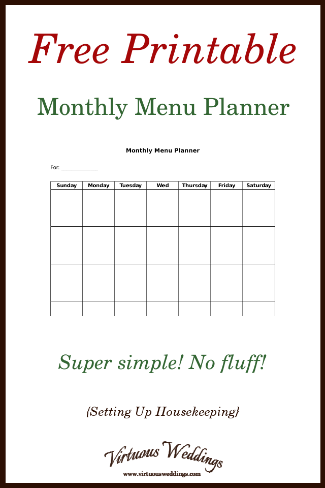Plain Monthly Menu Planner free Printable 