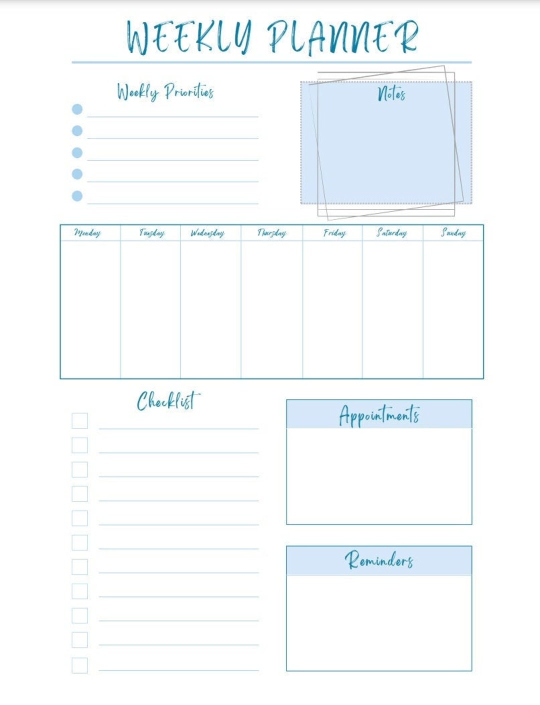 Printable 7 Day Weekly Planner Template Digital 7 Day Weekly Planner
