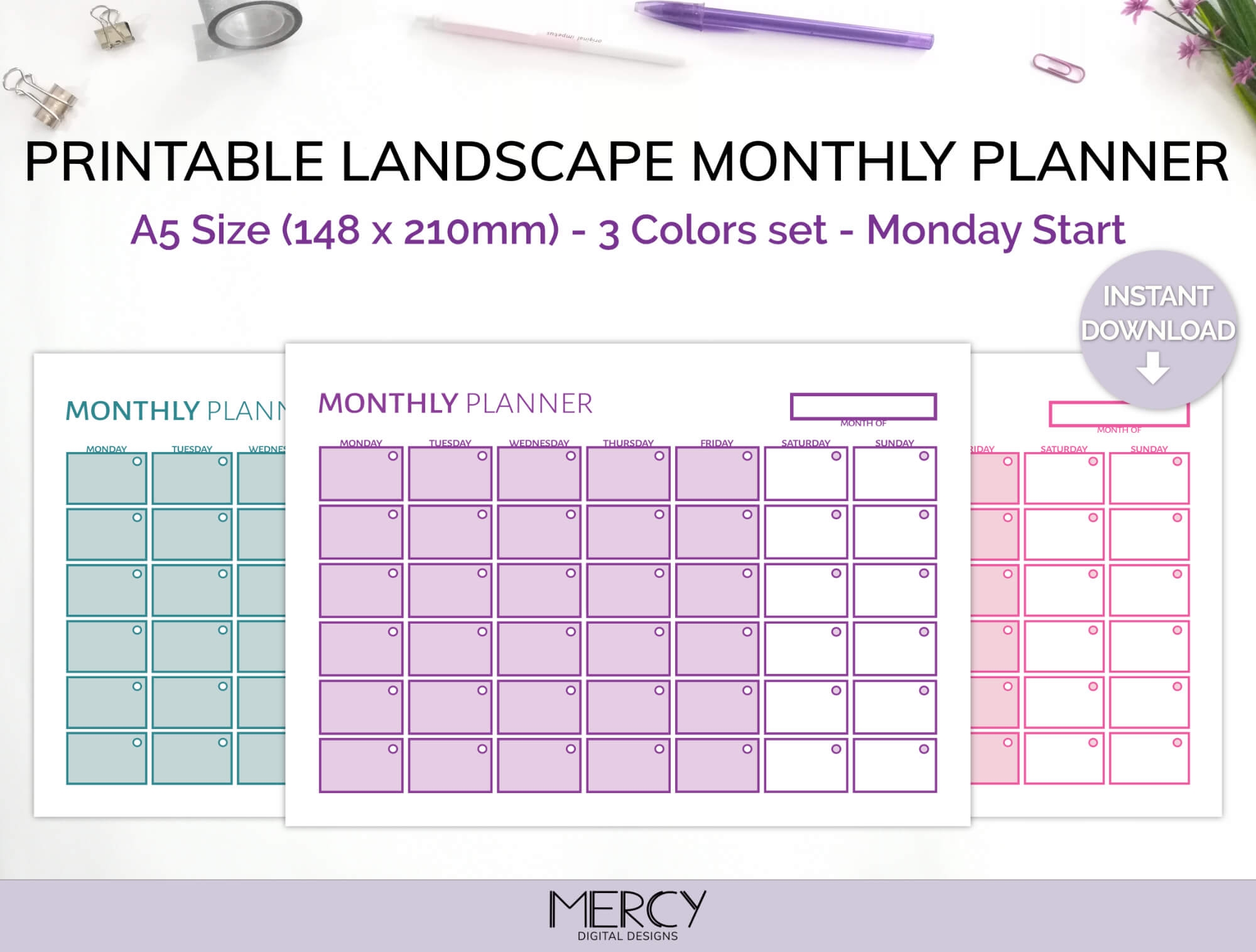 Printable A5 Monthly Planner Cute Set Mercy Digital Designs