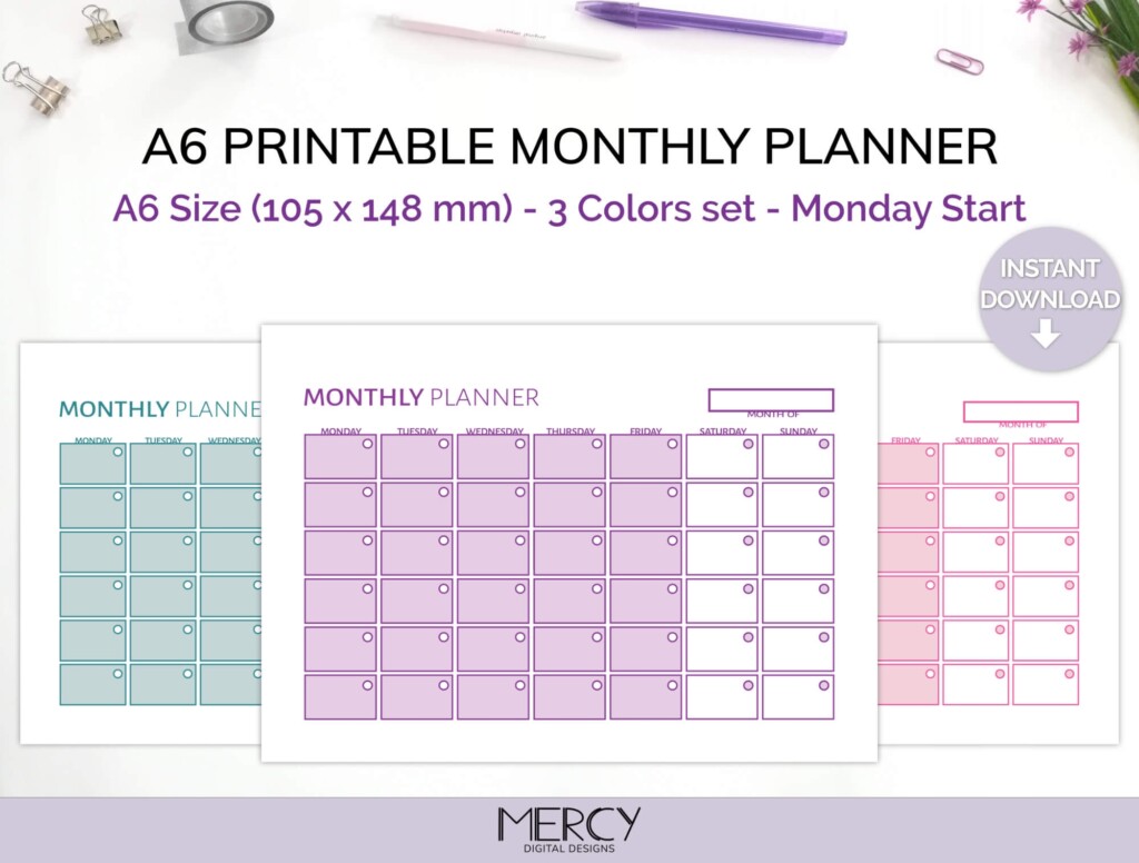 Printable A6 Monthly Planner Cute Set Mercy Digital Designs