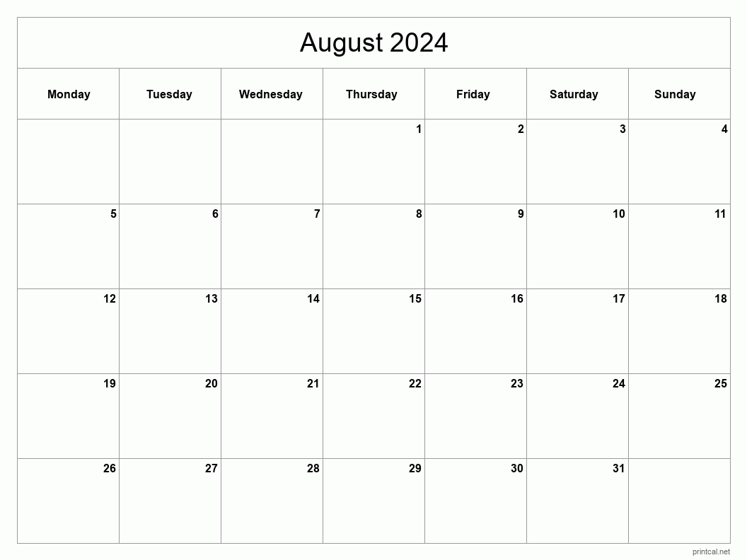 Printable August 2024 Calendar Classic Blank Sheet