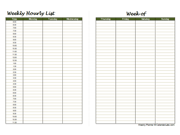 Printable Hourly Weekly Planner Free Printable Templates