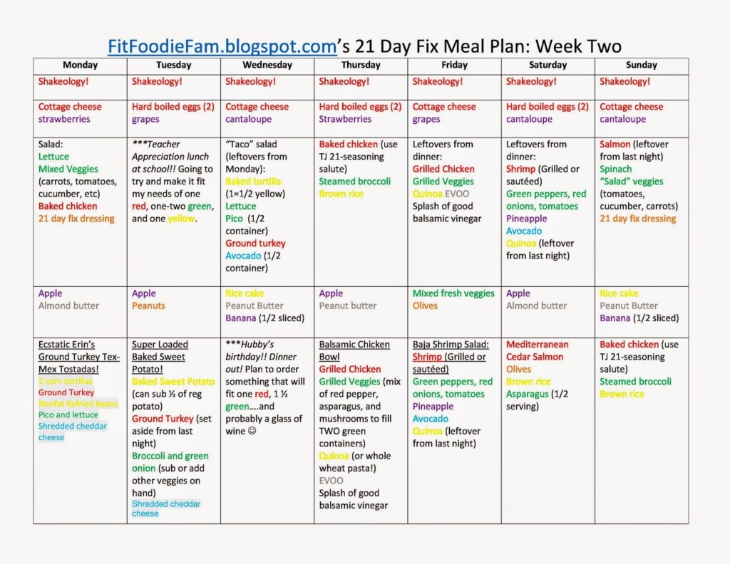 Printable Meal Planner For 21 Day Fix Betsshery