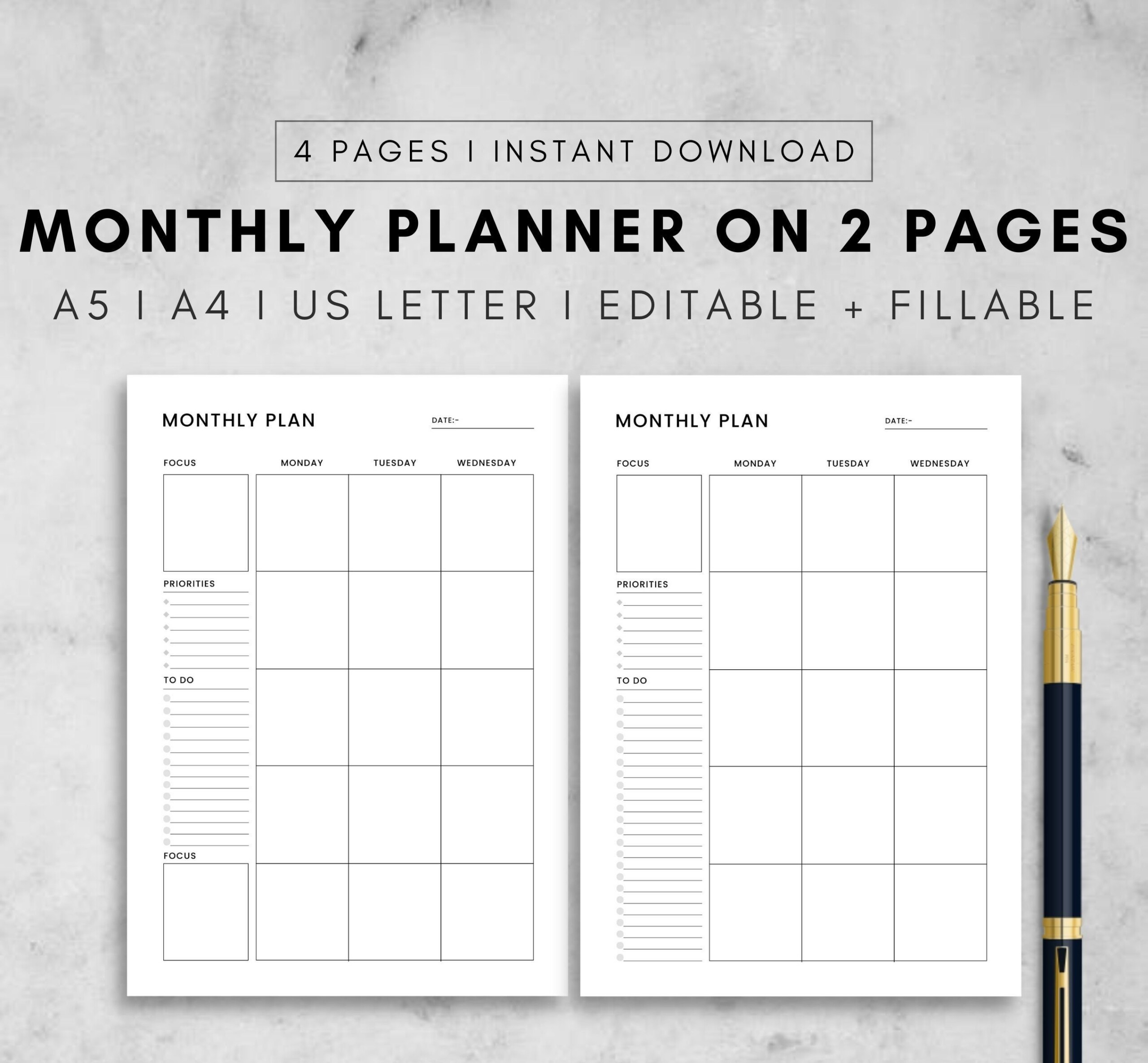 Printable Monthly Planner On Two Pages Month At A Glance Monthly
