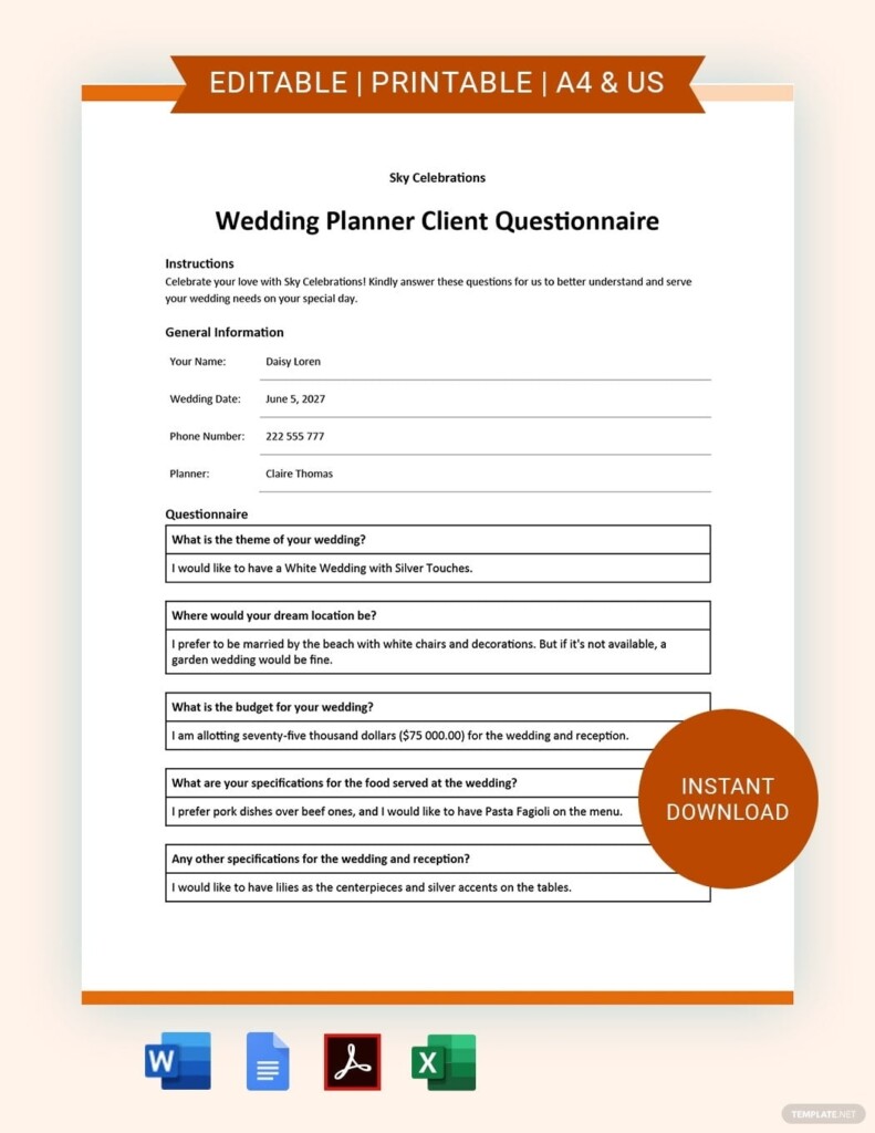 Printable Wedding Planner Questionnaire Template Printable Templates 
