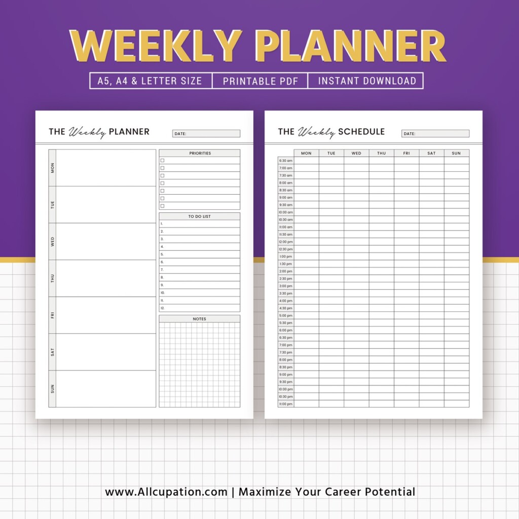 Printable Weekly Planner Weekly Schedule Weekly Organizer A5 A4 