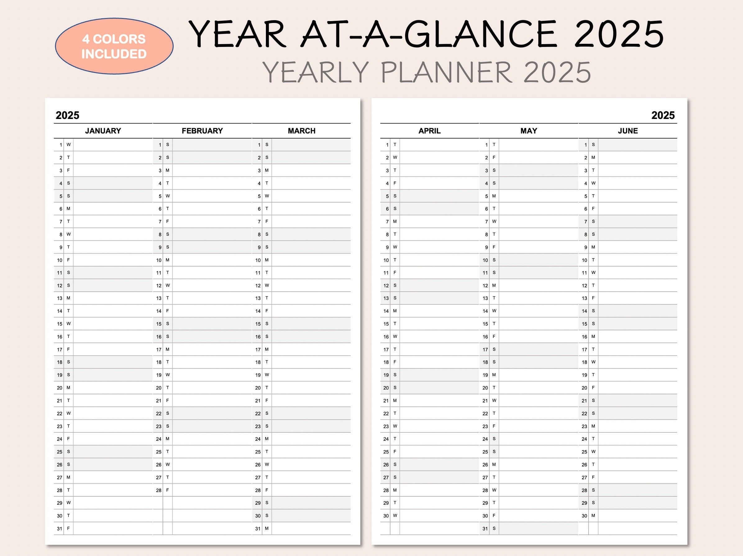 Printable Yearly Planner Calendar 2023 4 Colors