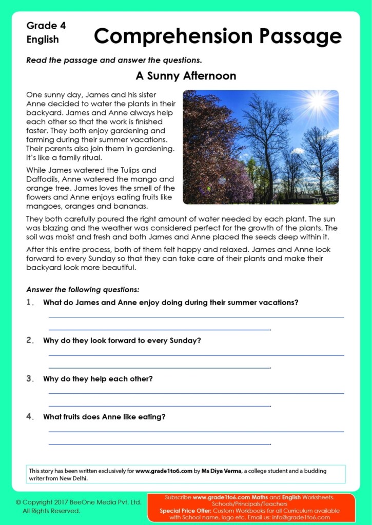 Reading Comprehension Printable Worksheets 4th Grade Reading 