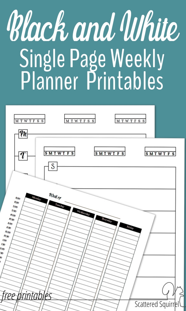 Single Page Black And White Weely Planner Printables Scattered Squirrel