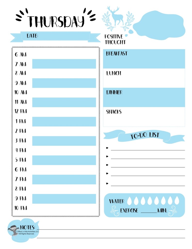 Thursday Blue Printable Planner Page Woo Jr Kids Activities 