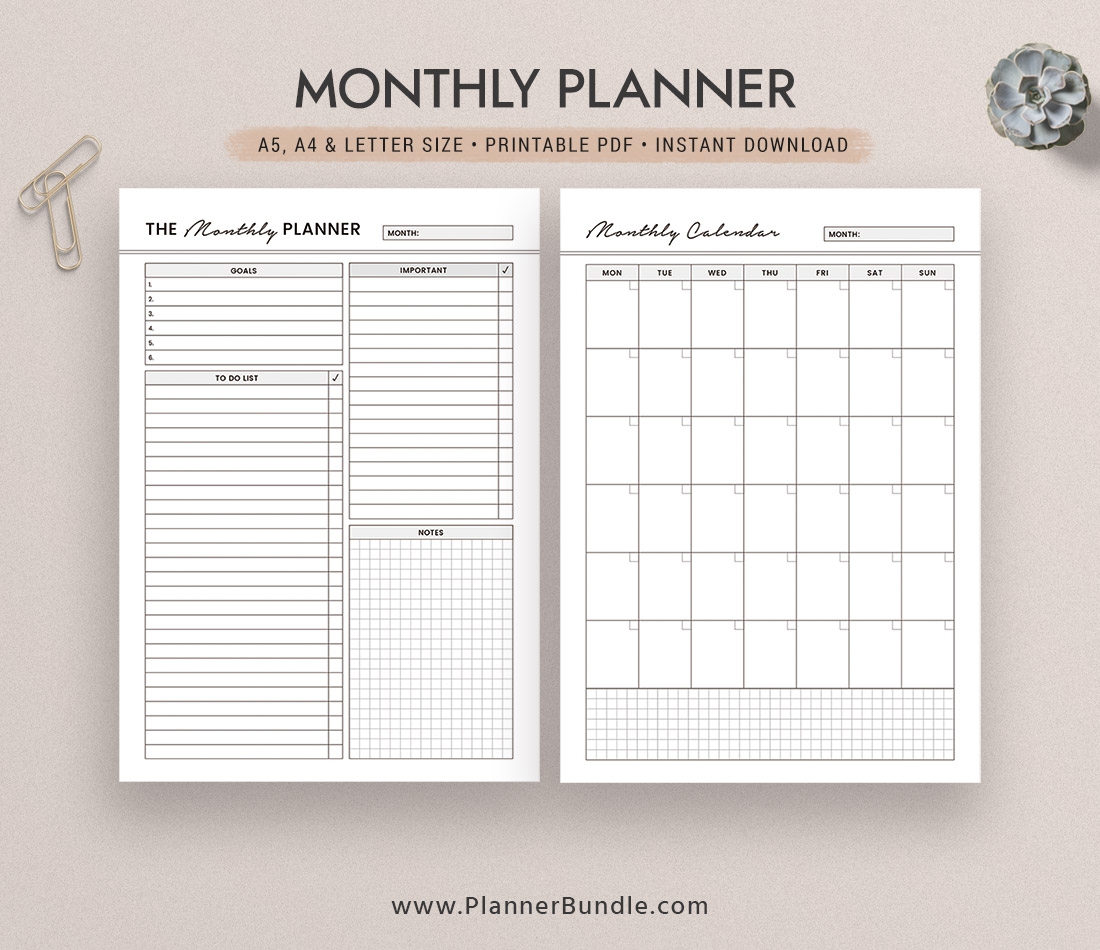 Undated Monthly Planner Monthly Calendar A5 A4 Letter Size