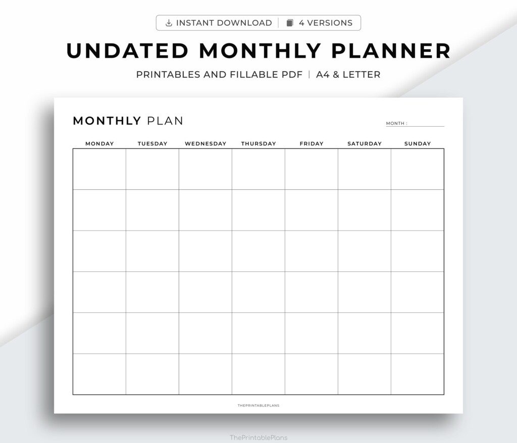 Undated Monthly Planner Printable Landscape Monday Sunday Start Ink 