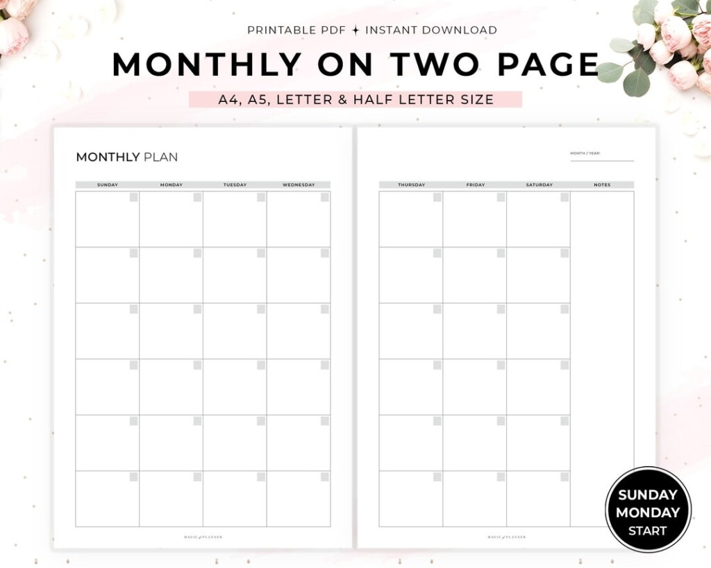 Undated Monthly Planner Printable Month On Two Pages Monthly Calendar 