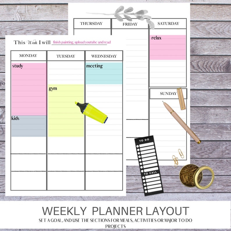 Vertical Weekly Planner Printable Planner Pages Weekly Organizer Used 