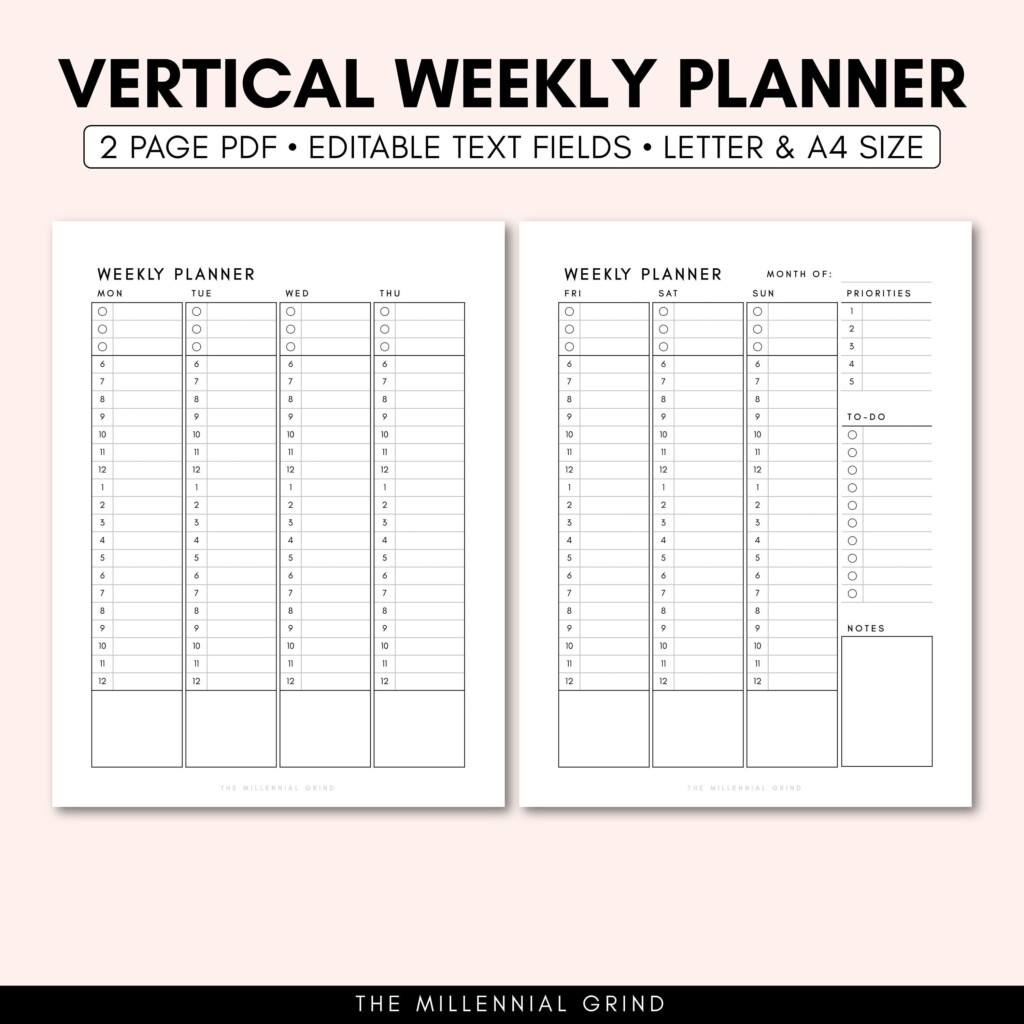 Vertical Weekly Planner Printable Vertical Weekly Planner Insert 