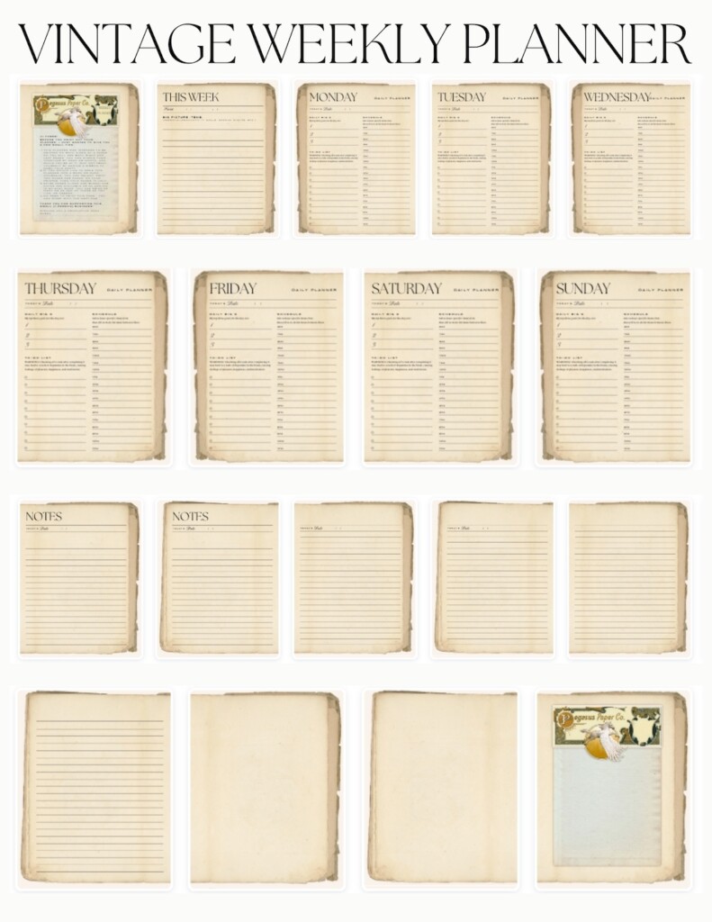 Vintage Weekly Planner Printable Pegasus Paper Co 
