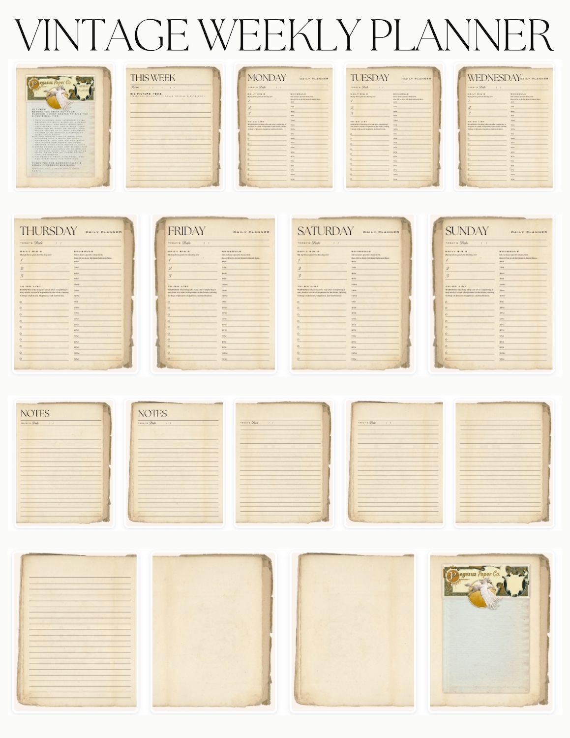 Vintage Weekly Planner Printable Pegasus Paper Co