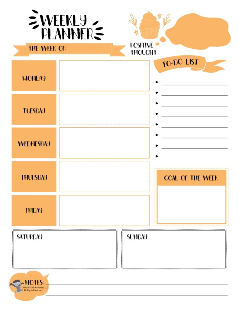 Weekly Orange Printable Planner Page Woo Jr Kids Activities 