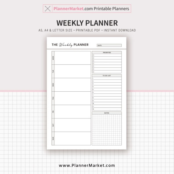 Weekly Planner Weekly Schedule A5 A4 Letter Size Printable Planner 