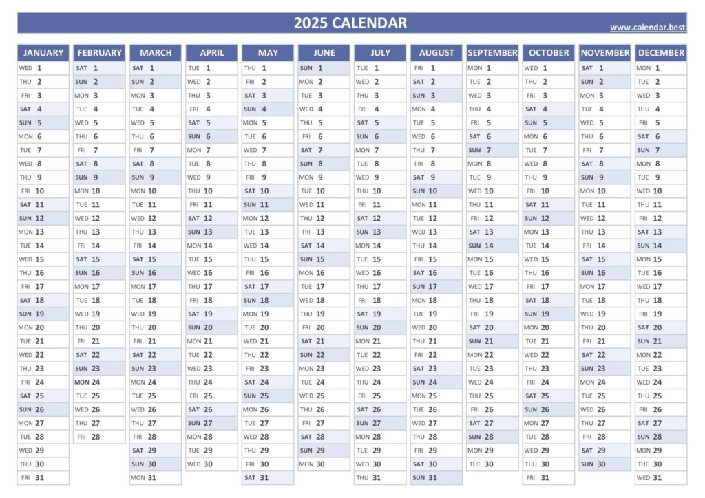Yearly Calendar 2025 Printable Free Blank 2025 Esther V Holst